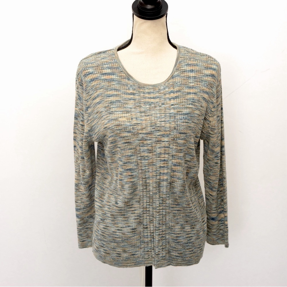 Tweed lightweight sweater 3/4 sleeve green & tan Norton McNaughton L